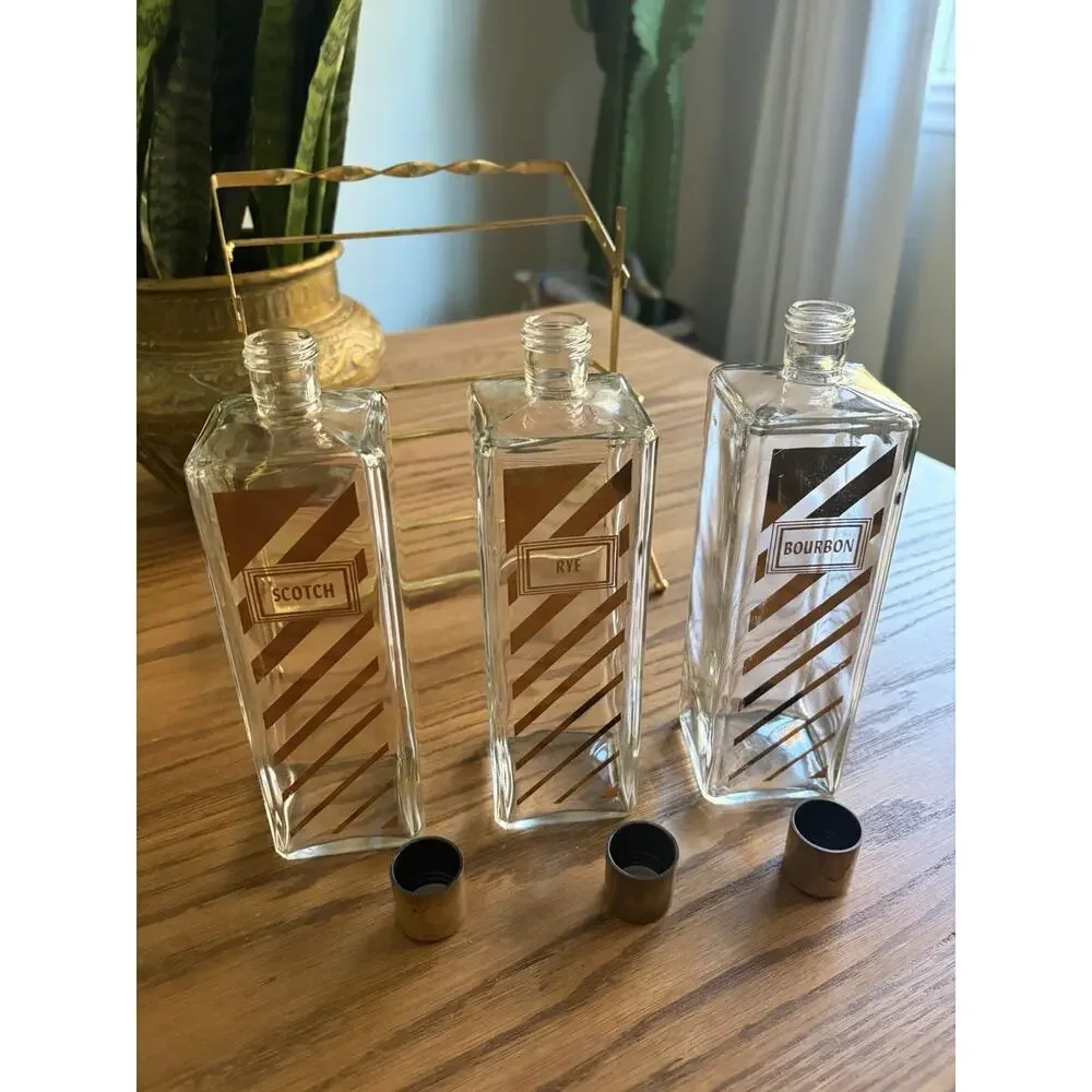 Vintage Midcentury Decanter Set with Brass Caddy Scotch Rye Bourbon Bottles
